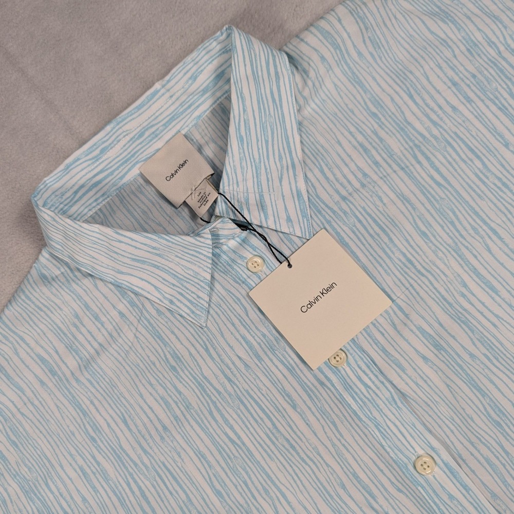 NEW Calvin Klein Womens Blue White Print Cotton Modal Button Down Shirt L